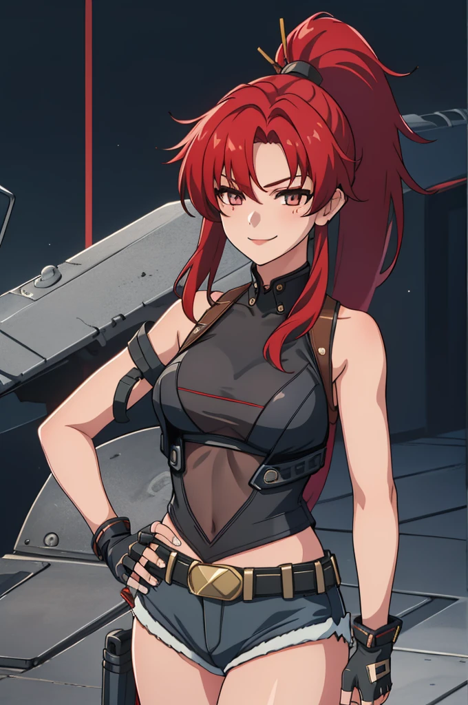 1girl, cute, sexy, red hair, cowboy shot, solo, revy, evil smile, holding gun, handgun, pistol, ponytail, tank top, fingerless gloves, denim shorts, holster, belt, newest