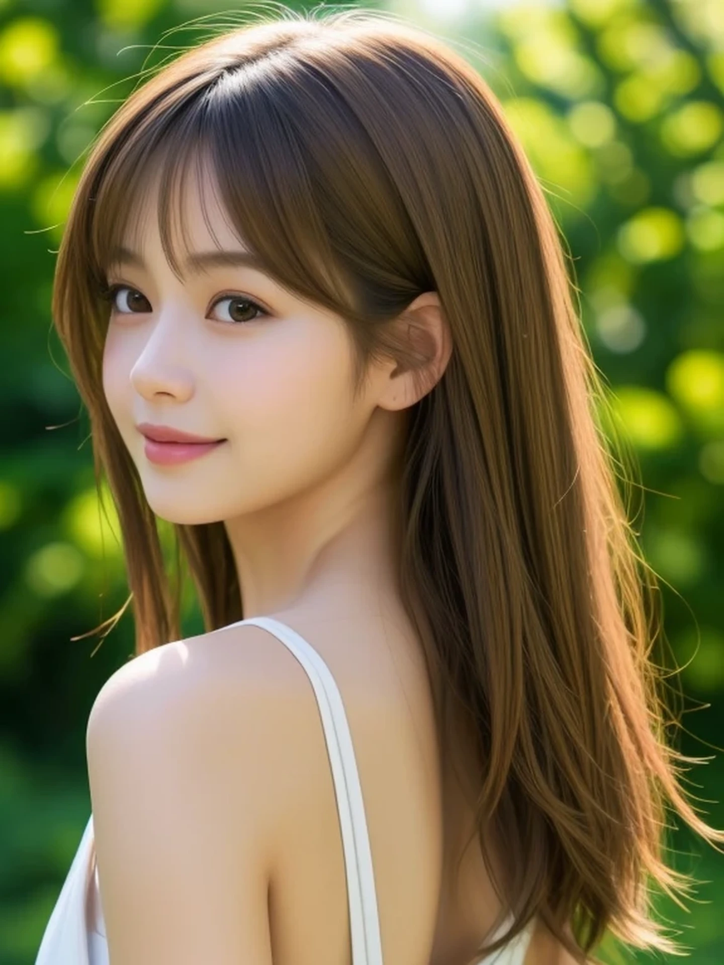 (looking away:1.4), (upper body shot:1.2), Realistic digital painting of a woman portrait, Shy, Cute, happy smile, brown eyes, (medium Hair:1.1), (light brown brunette hair:1.3), (Highly detailed skin:1.2), Mystical style, Global Illumination,