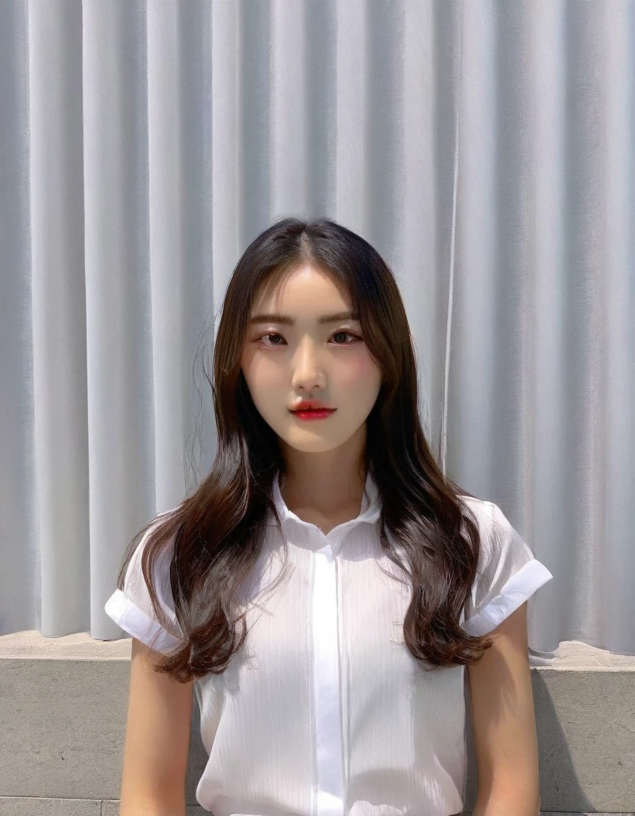 Best Quality, 8k, Masterpiece, (Portrait: 1.3), (photo realistic:1.4), (hyper realistic:1.4), Sharp Focus, looking at viewer, (smoother lighting:1.1), (increase cinematic lighting quality:0.9), realistic lighting, backlighting, light on face, ray trace, (brightening light:1.2), (Increase quality:1.4), sharp detail, (best quality real texture skin:1.4), finely detailed eyes, black_eyes, finely detailed face, 25 year old Korean woman, (white formal_shirt:1.4), (Create an image maintaining the original base model hairstyle:1.5)