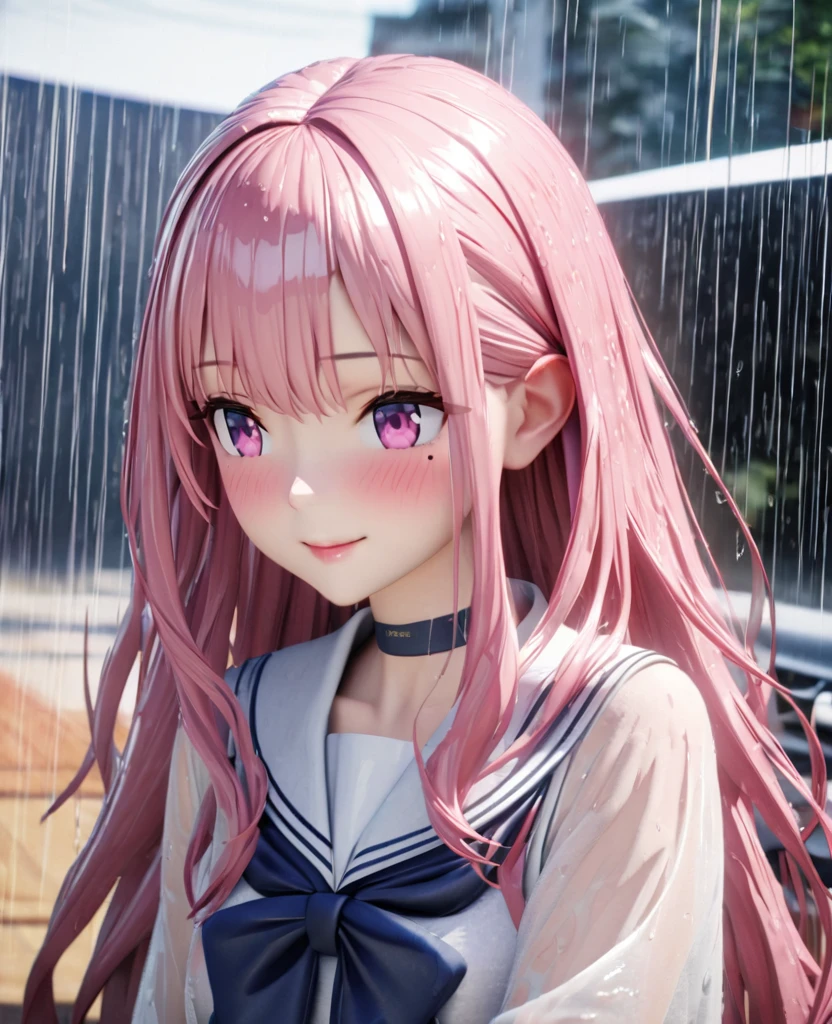 masterpiece, best quality, very detailed, high resolution, expensive solution, high resolution, 4k, 8k, Unity 8k wallpaper, highly detailed CG, masterpiece, 2d, 3d, beautiful details, depth, fine texture, best quality: 1.3, total concentration, transparent skin, him, very cute anime girl, expensive pink long hair, one girl, high school sailor uniform, on the way home from school, it was raining heavily and she was soaking wet. The sailor uniform was see-through, her hair was soaking wet, smiling long pink hair, full body, on the way home from school, heavy rain, mole under eye, gaze, expensive, blush, lips parted, heart, pink eyes, choker