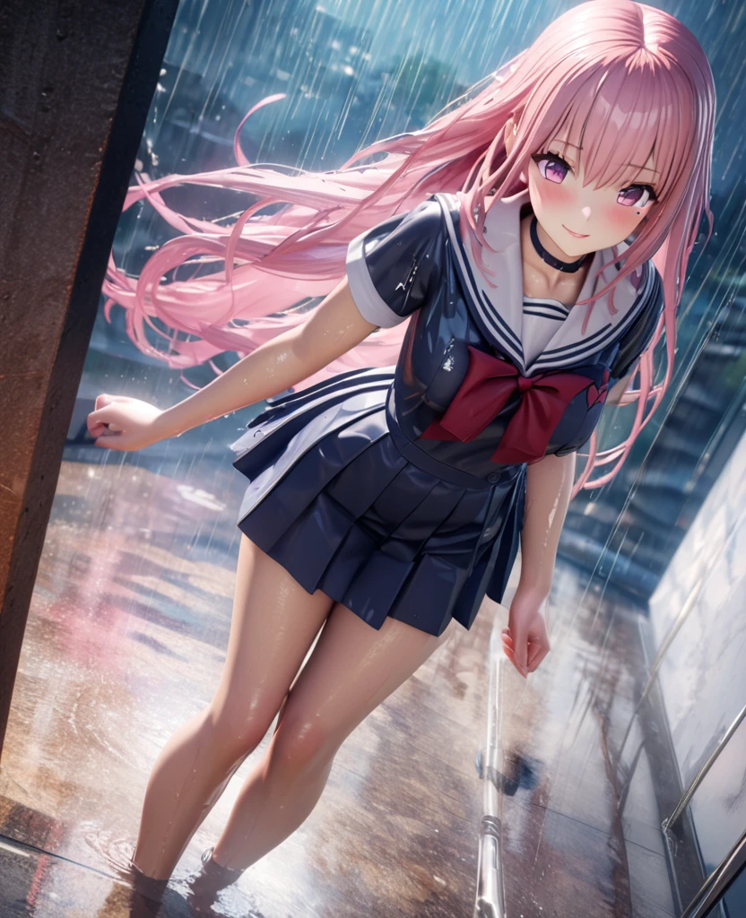 masterpiece, best quality, very detailed, high resolution, expensive solution, high resolution, 4k, 8k, Unity 8k wallpaper, highly detailed CG, masterpiece, 2d, 3d, beautiful details, depth, fine texture, best quality: 1.3, total concentration, transparent skin, him, very cute anime girl, expensive pink long hair, one girl, high school sailor uniform, on the way home from school, it was raining heavily and she was soaking wet. The sailor uniform was see-through, her hair was soaking wet, smiling long pink hair, full body, on the way home from school, heavy rain, mole under eye, gaze, expensive, blush, lips parted, heart, pink eyes, choker