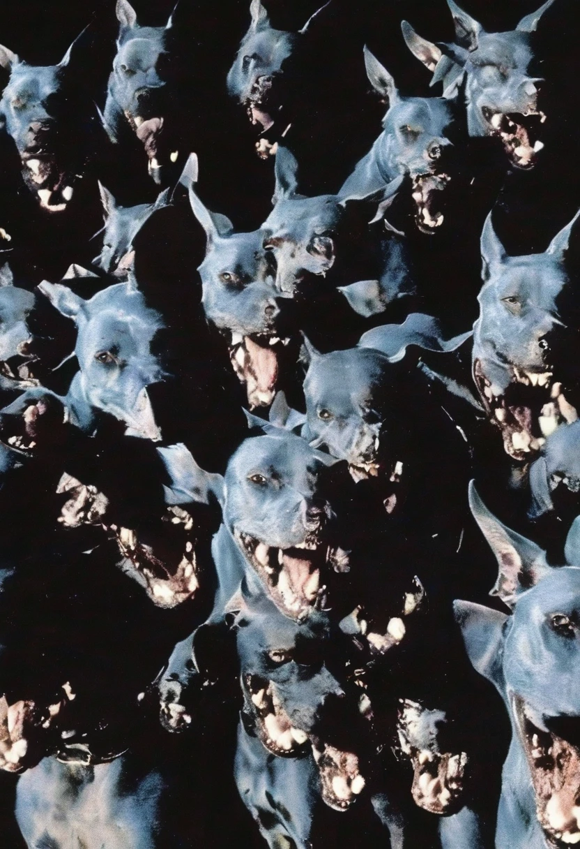 group of dogs heads with white spikes and giant teeth