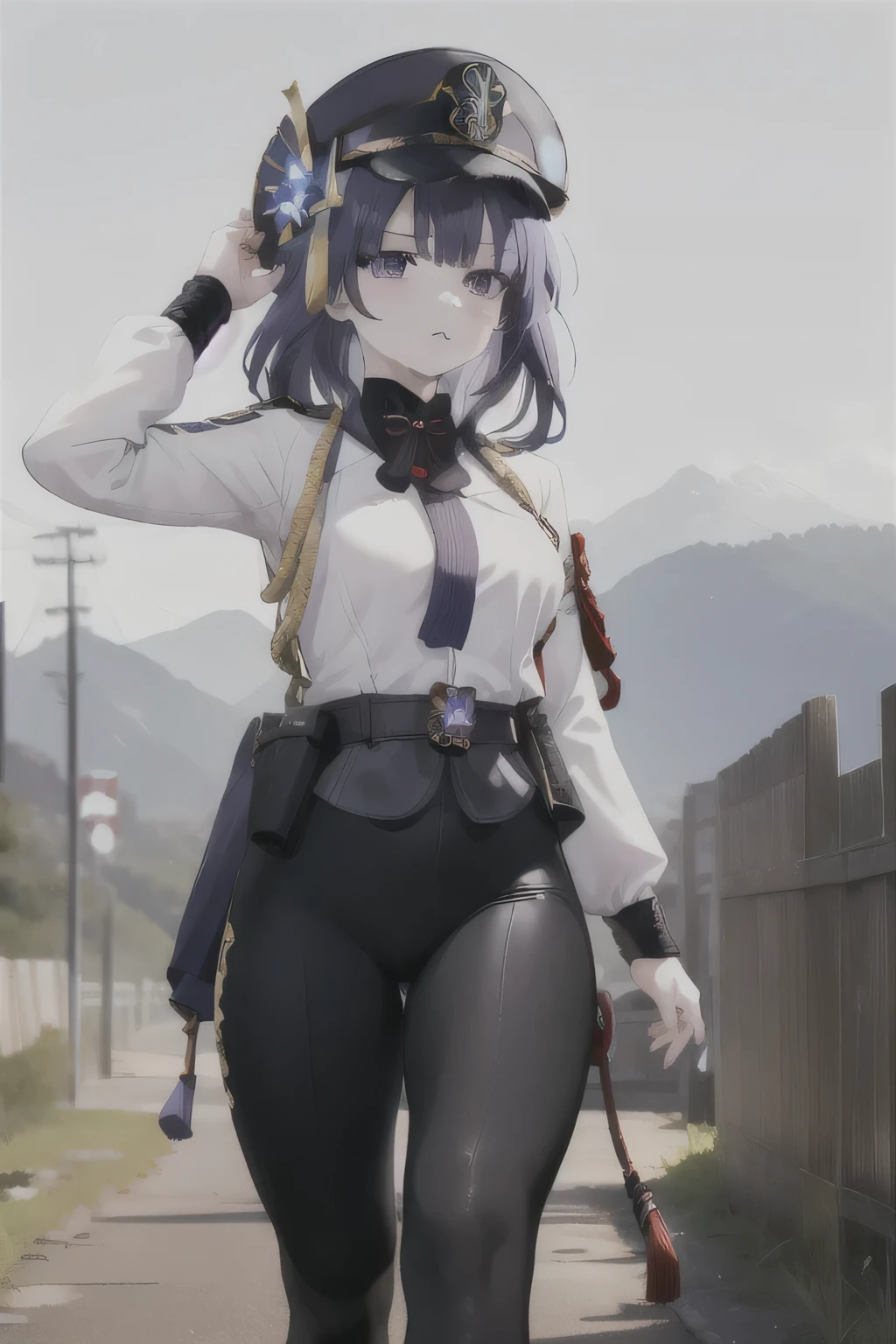 ((Masterpiece)), ((Best Quality)), ((HD 4K)), ((Best Anatomy)), 1 girl, pale skin, eyes, ear, nose, mouth, neck strap, shoulders, ((military long sleeve shirt)), shirt accessories, ((military pants)), pants accessories, ((military cap)), ((WWII)), arms, belly, legs, thighs, background scenery, ((genshin impact)), ((raiden shogun))