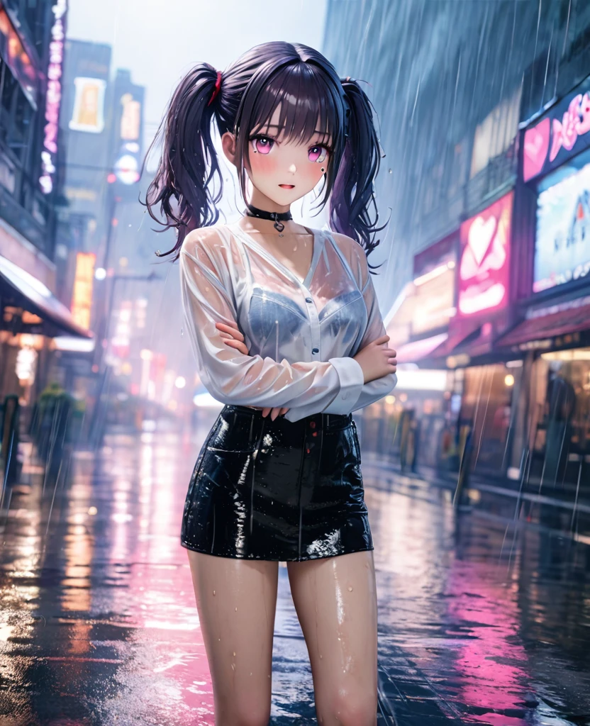 masterpiece, best quality, very detailed, high resolution, expensive resolution, high resolution, 4K, 8k, Unity 8k wallpaper, highly detailed CG, masterpiece, 2D, 3D, beautiful details, depth, fine texture, best quality: 1.3, perfect focus, transparent skin, him, rain, wet, wet clothes: 1.2
Very cute anime girl, (bra visible through white blouse wet from pouring rain, miniskirt), large breasts, expensive twin tails hair, one girl, rain, (raindrops dripping from wet hair, bra visible through thin blouse wet from rain, miniskirt), mole under eye, looks at the viewer, expensive, blush, mole, open lips, heart, pink eyes, choker, white transparent bra