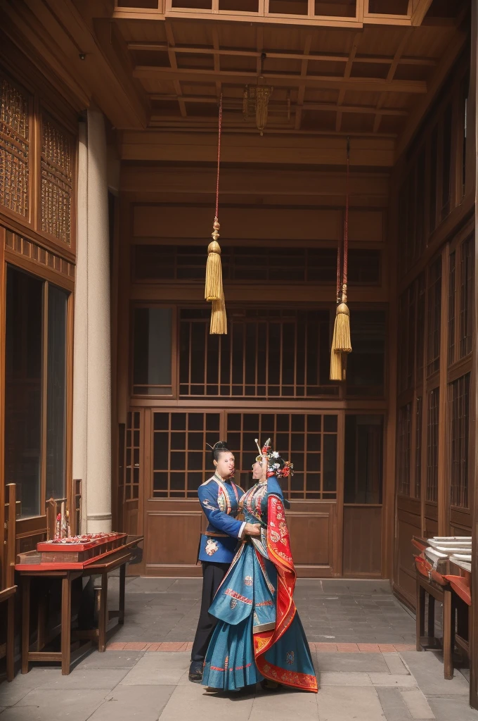 The content is about climbing the ninth floor. The background is a courtyard outside. Two people in Peking Opera costumes stacked nine tables. One of them climbed up and the other blew a horn on top of the table. There were many spectators wearing Tang suits around them.