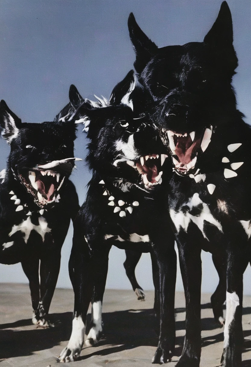close up photography of group of dogs with white spikes and giant teeth