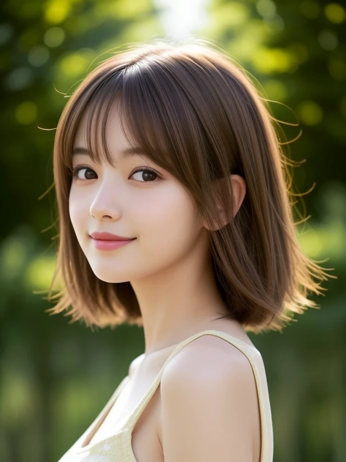 1 Japanese girl, (looking away:1.4), (upper body shot:1.2), Realistic digital painting of a woman portrait, Shy,  Cute, happy smile, brown eyes,  (medium Hair:1.1), (light brown brunette hair:1.3), (Highly detailed skin:1.2), Mystical style, Global Illumination,