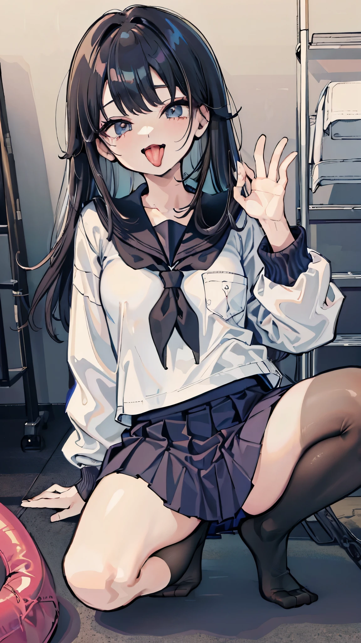 (8k、Best image quality、Highest quality、masterpiece)、Detailed face、 One girl、Black Hair、Long Hair、Grey Eyes、evil smile、((Open Mouth))、((Stretching out the tongue))、((fingers around tongue))、Small breasts、((serafuku))、Long sleeve、((Navy blue pleated skirt))、((black socks))、squatting、((open legs))、((black and white stripe panties))、Gym storeroom
