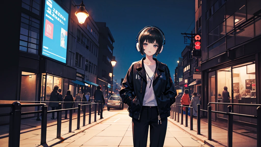 Black short Hair, black jacket, One Woman ,Blue headphones、 City of night, Delicate background、Masterpiece、Night Town、night、dark、Black trousers