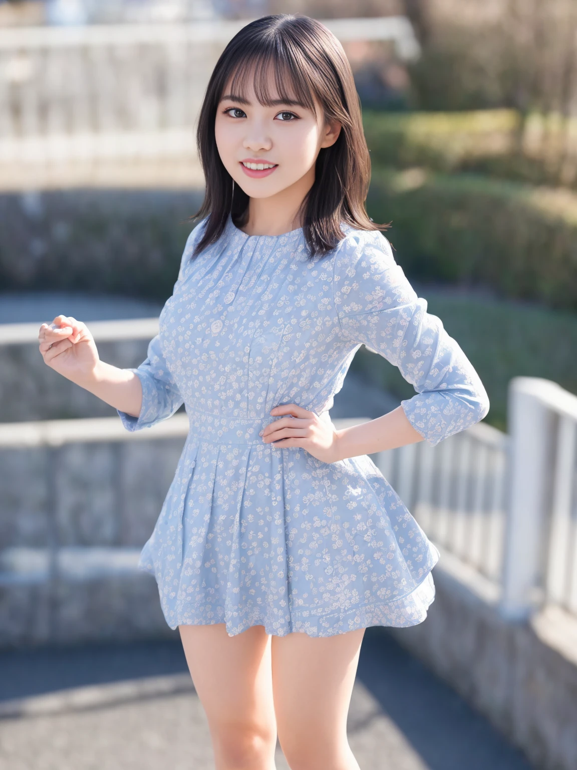 (masterpiece, Highest quality:1.2), One girl, Alone 1 Japanese idol girl,(kawaii, moe, cute:1.1),black medium wavy hair,beautiful cute face,round face,,large eyes,(chubby:0.7),(narrow waist:1.1),huge breasts,small face,
BREAK
professional vivid art portrait photography,
pretty cute model girl,
cute decorative ,
(blooming flowers:1.2),(clouds:1.1),ray of light,fog of light,(blue sky:1.1),(bokeh:1.2),
BREAK
dreamy and cute feeling,
(dynamic pose:1.2),dynamic angle,
(happily walking:1.2),(full body:1.3),(thighs_focus:1.3),
happy facial expression,grin,
BREAK
(absurdres:1.3),(ultra detailed photograph:1.5),(detailed face and skin:1.3),(ultra high res:1.5),(photorealistic:1.5),hyperrealistic photography,best quality,symmetric clear eyes,well-groomed face,(ray tracing:1.3),natural smooth moist facial skin texture