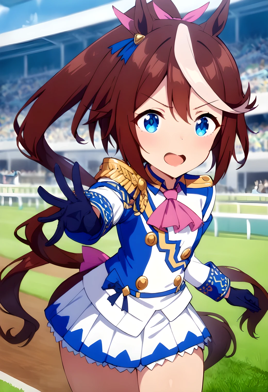 masterpiece, best quality, very aesthetic, absurdres, tokai teio \(umamusume\), Girl galloping on race track lawn, cartoon girl in gloves and uniform, mini-skirt in aristocratic princely outfit,