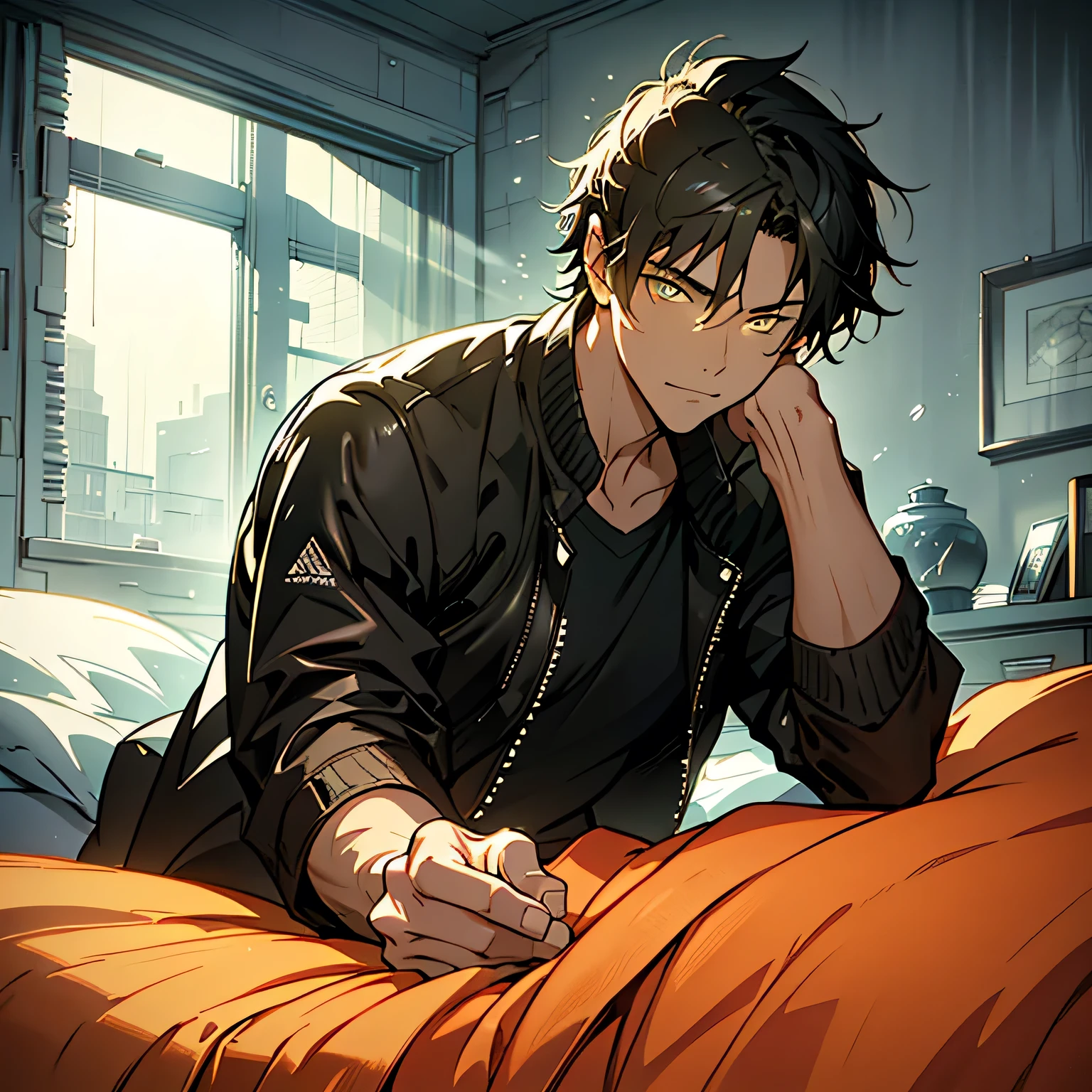 Masterpiece, best quality, super detailed, illustration, beautiful detailed eyes, close up, a boy, short hair, dark hair, fluorescent yellow eyes, casual clothes, casual style, jacket, in a bedroom, sitting in bed, lonely, dark atmosphere