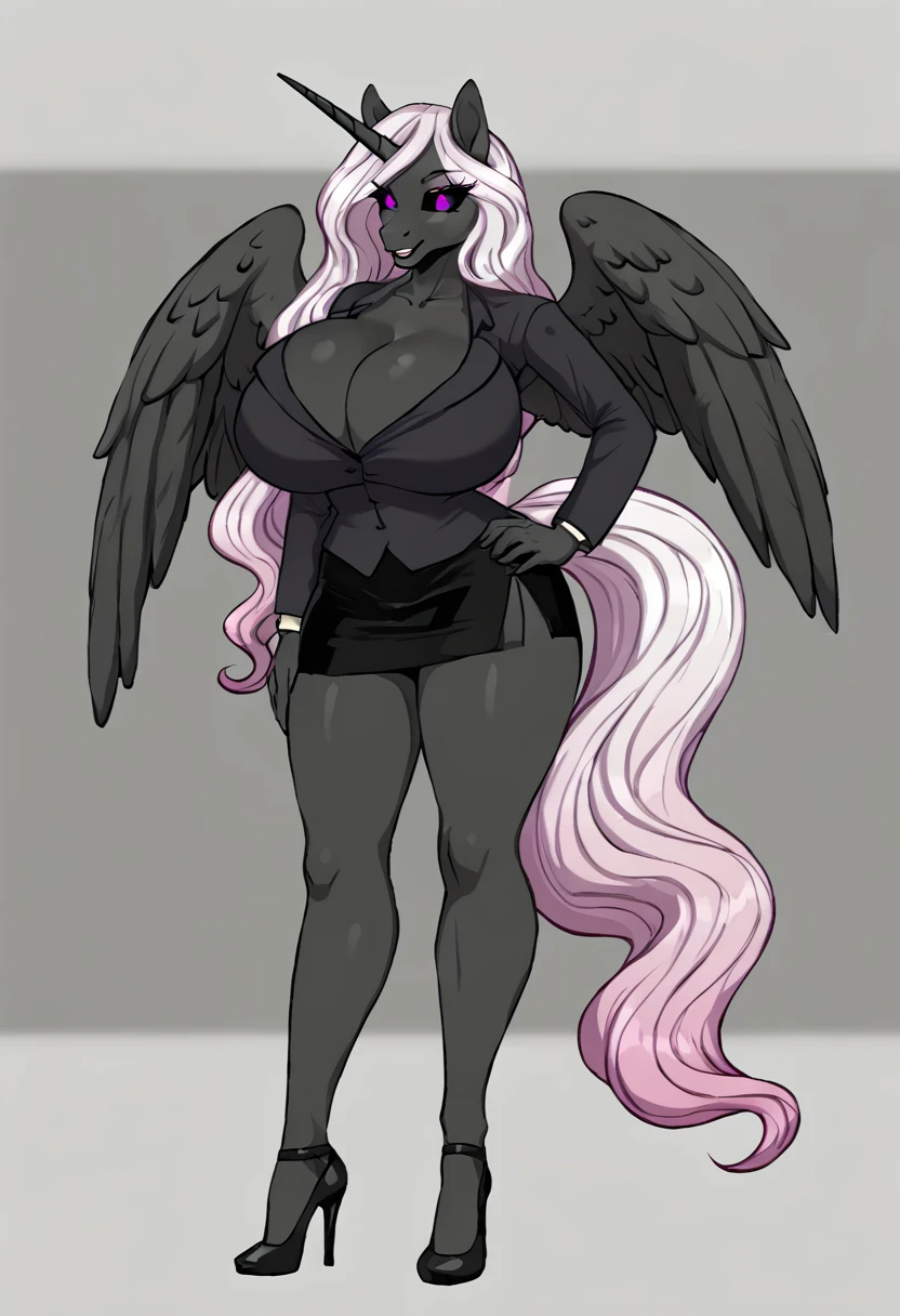 Alicorn princess, white mane,black sclera ,black body color  long flowing  mane pink smile eyes anthro  thighs huge breasts ,  high heels  
Too hot for teacher  black skirt suit sexy beautiful body  