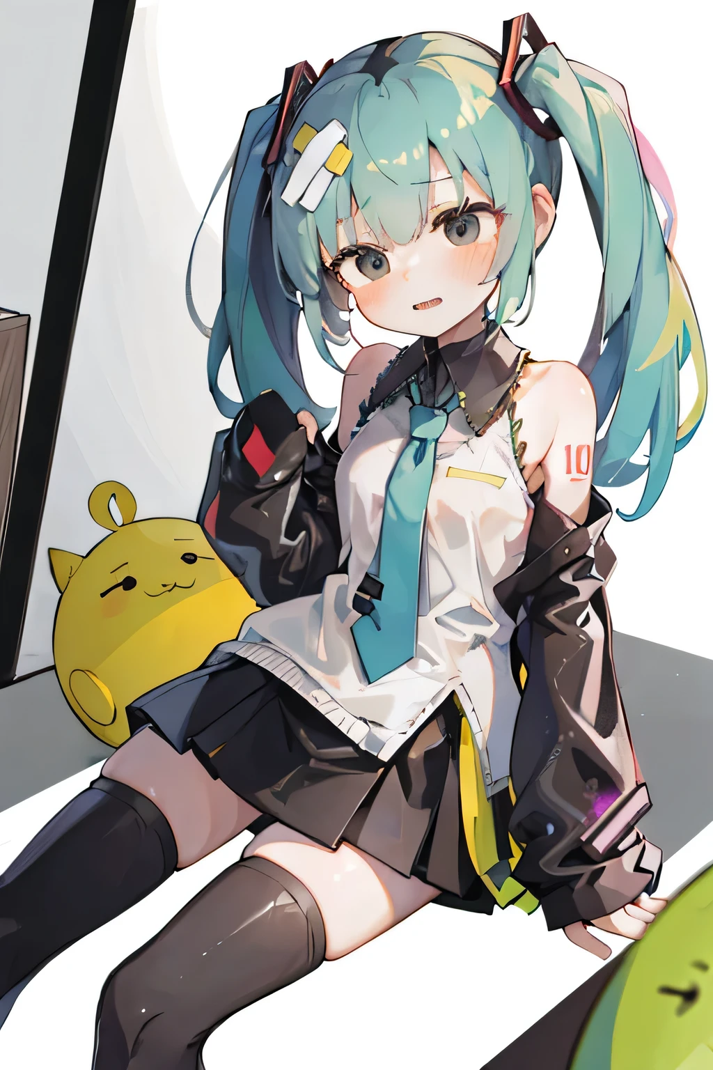 (masterpiece, Highest quality:1.3), One male , Front hair, green_hair, blush, brown_eye, bulge, Cosplay, woman, independent_sleeve, Embarrassing, eyelash, Hatsune_Miku_(Cosplay), Holding, Holding_Telephone, indoor, male_concentrate, mirror, tie, ototeeth_no_teeth, Telephone, Pleats_skirt, Selfie, shirt, skirt, No sleeve, No sleeve_shirt, alone, spring_Onion, Are standing, Sweat, Knee socks, Twin tails, umbrella, wig