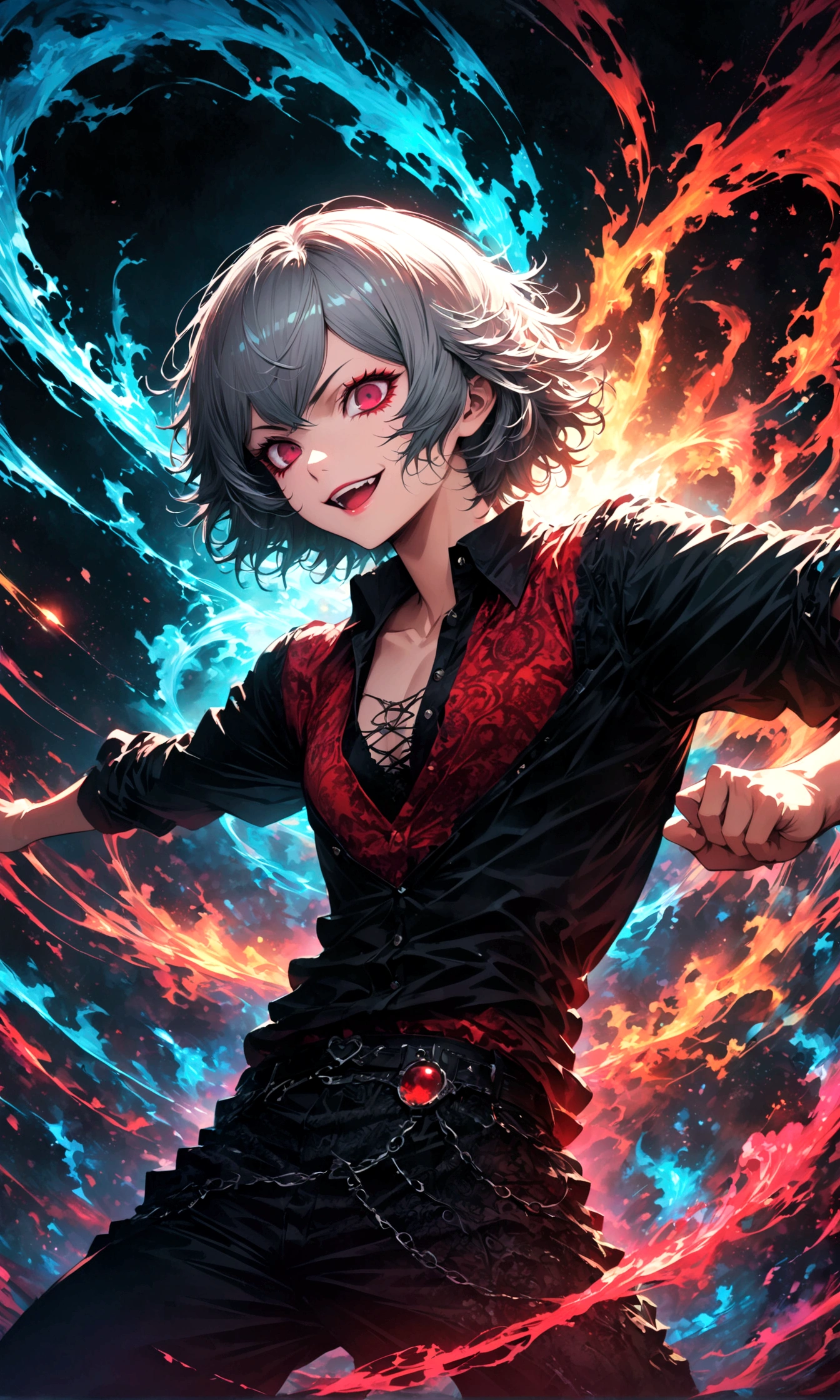 1boy,suzuya juuzou,tokyo ghoul,Gray Hair,Satanic,Sui Ishida's painting style,Intricate details,Use black and white as your main colors,Decadent,artwork,rendering,Dynamic pose,(masterpiece:1.3),(Highest quality:1.4),(Super detailed:1.5),High resolution,Very detailed,unity 8k wallpaper,Dark fantasy,Glare,Fighting Style,Crazy Smile,Tangled,Best color balance,