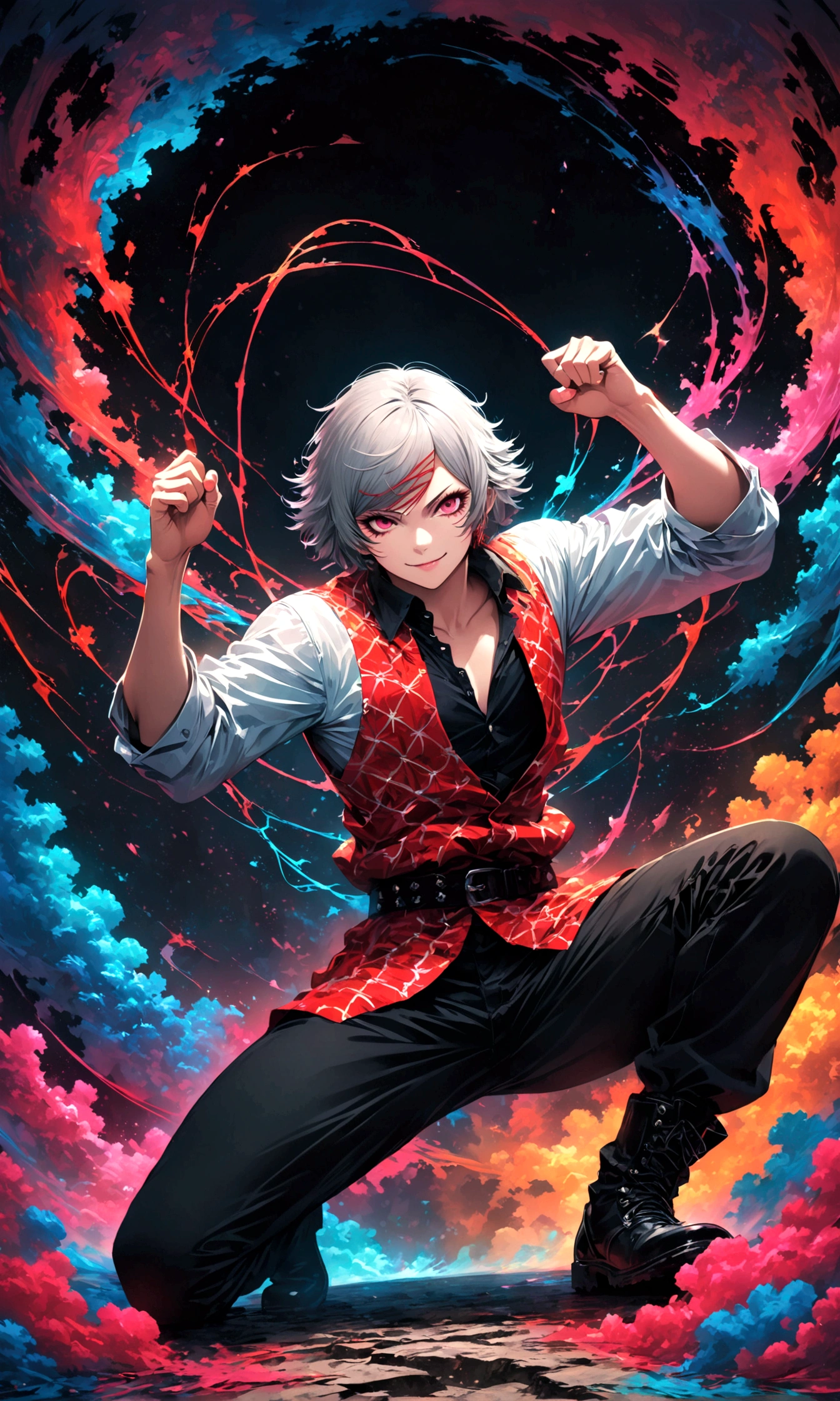 1boy,suzuya juuzou,tokyo ghoul,Gray Hair,Satanic,Sui Ishida's painting style,Intricate details,Use black and white as your main colors,Decadent,artwork,rendering,Dynamic pose,(masterpiece:1.3),(Highest quality:1.4),(Super detailed:1.5),High resolution,Very detailed,unity 8k wallpaper,Dark fantasy,Glare,Fighting Style,Crazy Smile,Tangled,Best color balance,