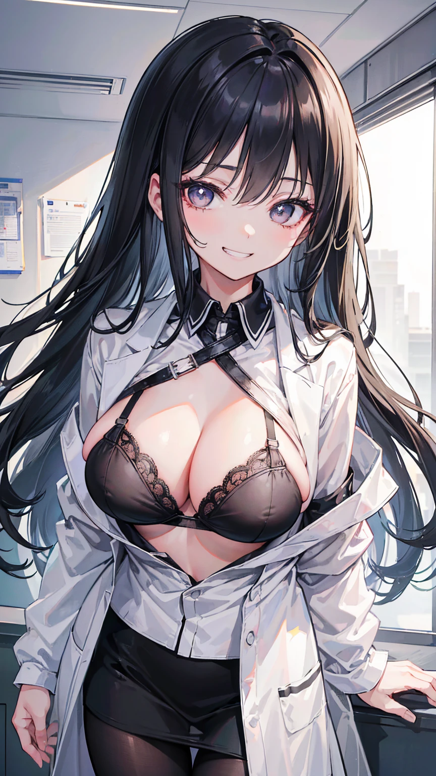 (8K、Highest image quality、highest quality、masterpiece)、detailed face、1 girl、black hair、long hair、gray eyes、evil smile、((grin))、big breasts、((black bra))、((lab coat))、((black pantyhose))、cowboy shot、hospital room background