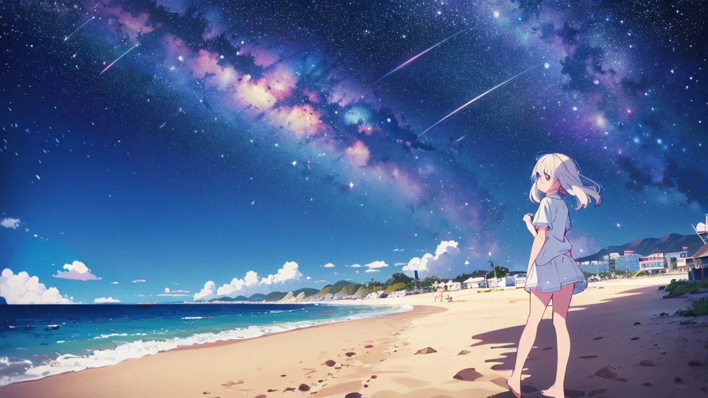 Una linda camisa blanca que la deja ver. 、Falda de vuelo celeste con volantes、Se levanta la falda con ambas manos para lucir su linda ropa interior blanca.、Linda ropa interior blanca visible cuando se levanta la falda.、Playa de arena, Mar hermoso, noche y cielo estrellado