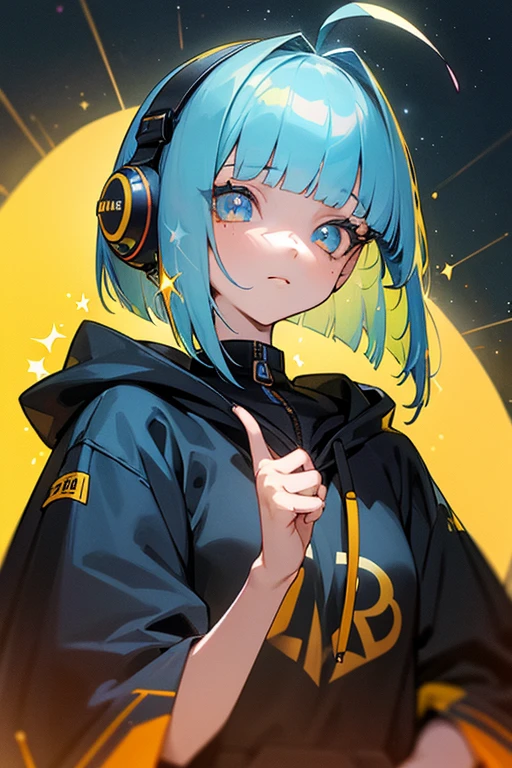 1 girl,18 years old, slim, ((detailed face)), ((detailed eyes)), ((sparkling eyes)), yellow hair, blue color ed inner hair, bob cut, blunt bangs, ahoge,
((Upper body)),black hoodie, colorful texture inner clothes, loose clothes, colorful innerwear,
Colorful decorations, holding own finger, metalic headphones,
night, spotlights,