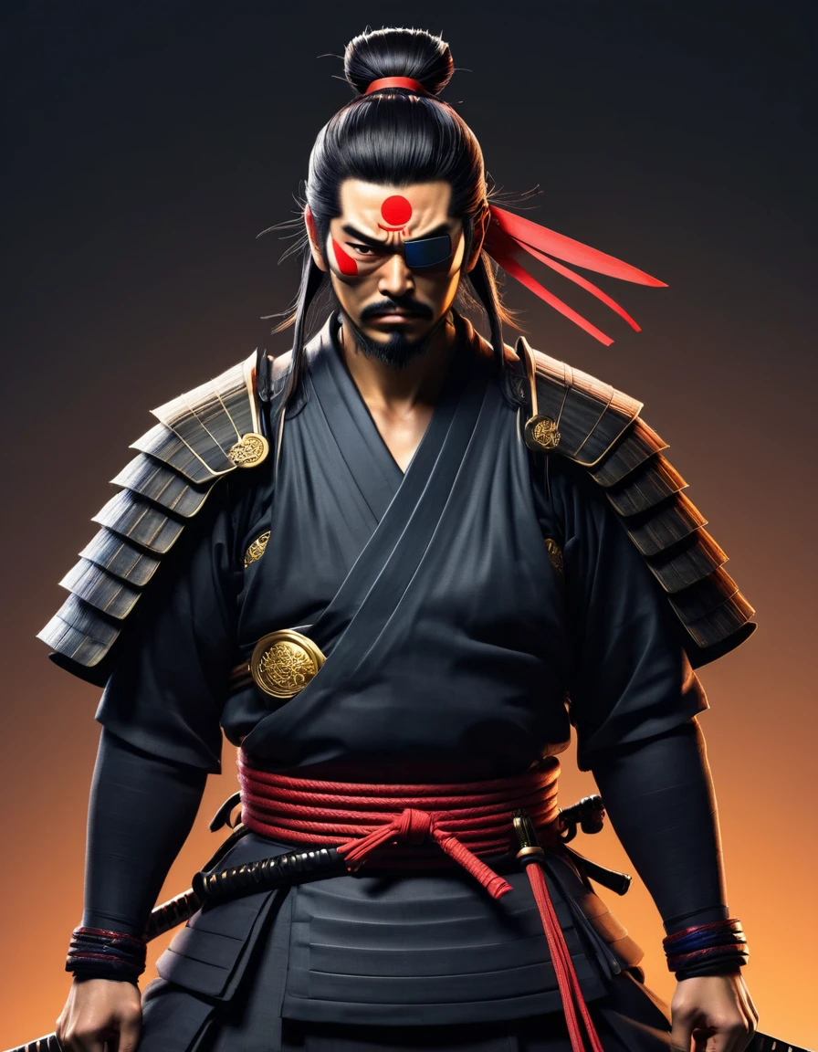 Samurai with one eye, eyepatch, one eye glowing, low posture,
