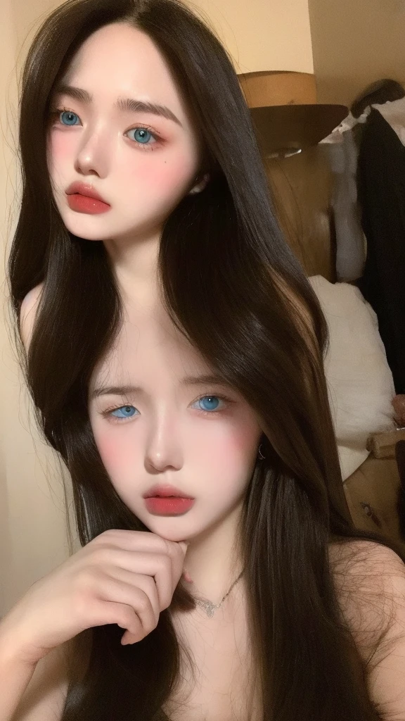 22 year old Girl with rosy  pale skin,Caramel and  long hair, have c cup Breasts,blue eyes,have A button nose,have upper-to-lower lip ratio of 1:2,have Top hourglass body shape,

Oval face shap