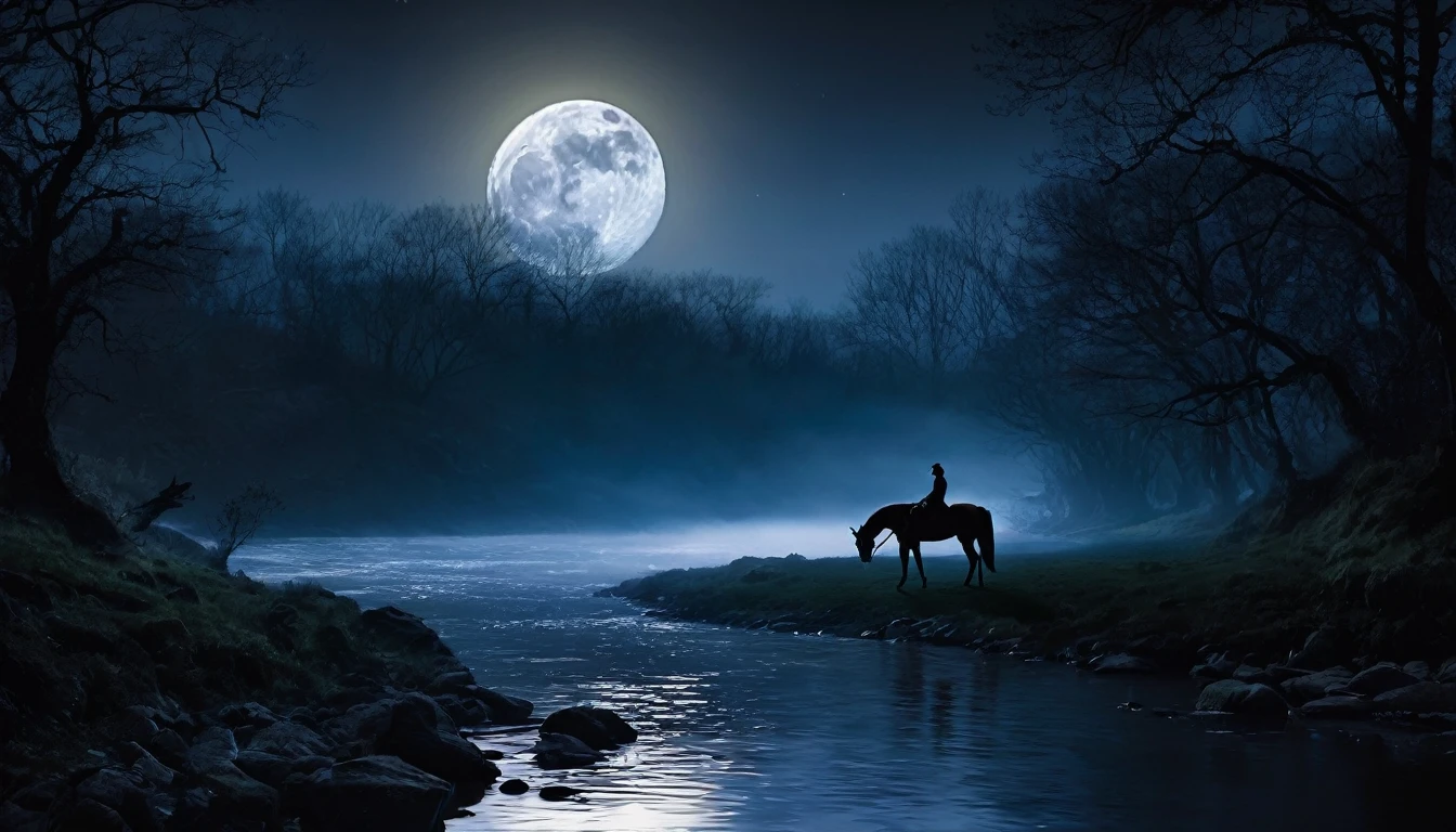 Create a digital artwork of a moonlit river view with a shadowy figure of a half-horse with a human head in the distance. The scene should capture the serene yet eerie atmosphere of the moonlit night, with the river reflecting the soft glow of the moon. The shadowy figure, blending the features of a horse and a human, should be partially obscured by the darkness, standing near the riverbank or emerging from the water. Surrounding elements like trees, rocks, and mist should enhance the mystical and unsettling mood of the scene.
