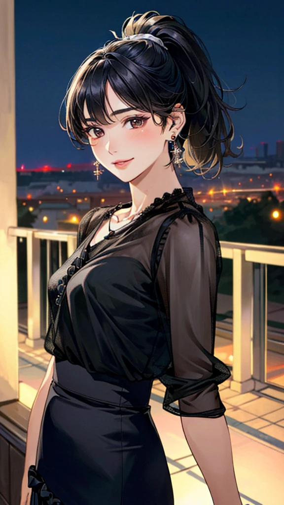 (masterpiece:1.3, Highest quality, Ultra-high resolution, Super detailed), (Realistic, photoRealistic:1.4), Beautiful illustrations, Perfect lighting, colorful, Depth of written boundary,
Beautiful detailed hair, Beautifully detailed face, Beautiful fine details, Beautiful clavicle, Beautiful body, 美しいLarge Breasts, Beautiful thighs, Beautiful feet, Beautiful fingers,
View Viewer、Front view:0.6, Beauty1人, Japanese, Beauty、30 years old, Perfect Face, (Perfect Anatomy, Anatomically correct), Cute and symmetrical face, Baby Face, , Shiny skin,
((Black sheer blouse:1.4)), ((White wrap around skirt:1.5))、
(Black Hair, Medium、ponytail:1.4), Dark brown eyes, (Large Breasts), Slim body,
necklace, (Small earrings:1.3),
(Beautiful views), (night), (city, cityscape in the distance), Arms crossed, A soft smile、(Smile, Lips parted),