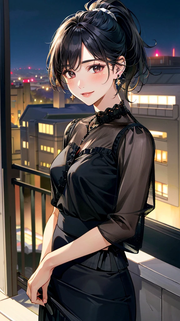 (masterpiece:1.3, Highest quality, Ultra-high resolution, Super detailed), (Realistic, photoRealistic:1.4), Beautiful illustrations, Perfect lighting, colorful, Depth of written boundary,
Beautiful detailed hair, Beautifully detailed face, Beautiful fine details, Beautiful clavicle, Beautiful body, 美しいLarge Breasts, Beautiful thighs, Beautiful feet, Beautiful fingers,
View Viewer、Front view:0.6, Beauty1人, Japanese, Beauty、30 years old, Perfect Face, (Perfect ???????, Anatomically correct), Cute and symmetrical face, Baby Face, , Shiny skin,
((Black sheer blouse:1.4)), ((White wrap around skirt:1.5))、
(Black Hair, Medium、ponytail:1.4), Dark brown eyes, (Large Breasts), Slim body,
necklace, (Small earrings:1.3),
(Beautiful views), (night), (city, cityscape in the distance), Arms crossed, A soft smile、(Smile, Lips parted),