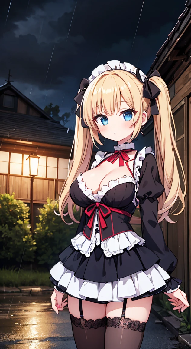 masterpiece, highest quality, (anime screencap:1.3),(shape), cute,(simple:1), (anime:1.2),Solo Sharp Focus, 1 girl, cleavage,looking at the viewer, Japan,nighttime,gold hair,((mini skirt)),Are standing, twin tails,summer ,((White Gothic Costume)),red ribbon,dark gothic,abandoned house,ta fashion,gothic bonnet,hair ribbon,cowboy shot,in the nighttime,rainy sky,,(Ruins house1.1),(Abandoned house1.1),large breasts,dark,cloudy,heavy rain,