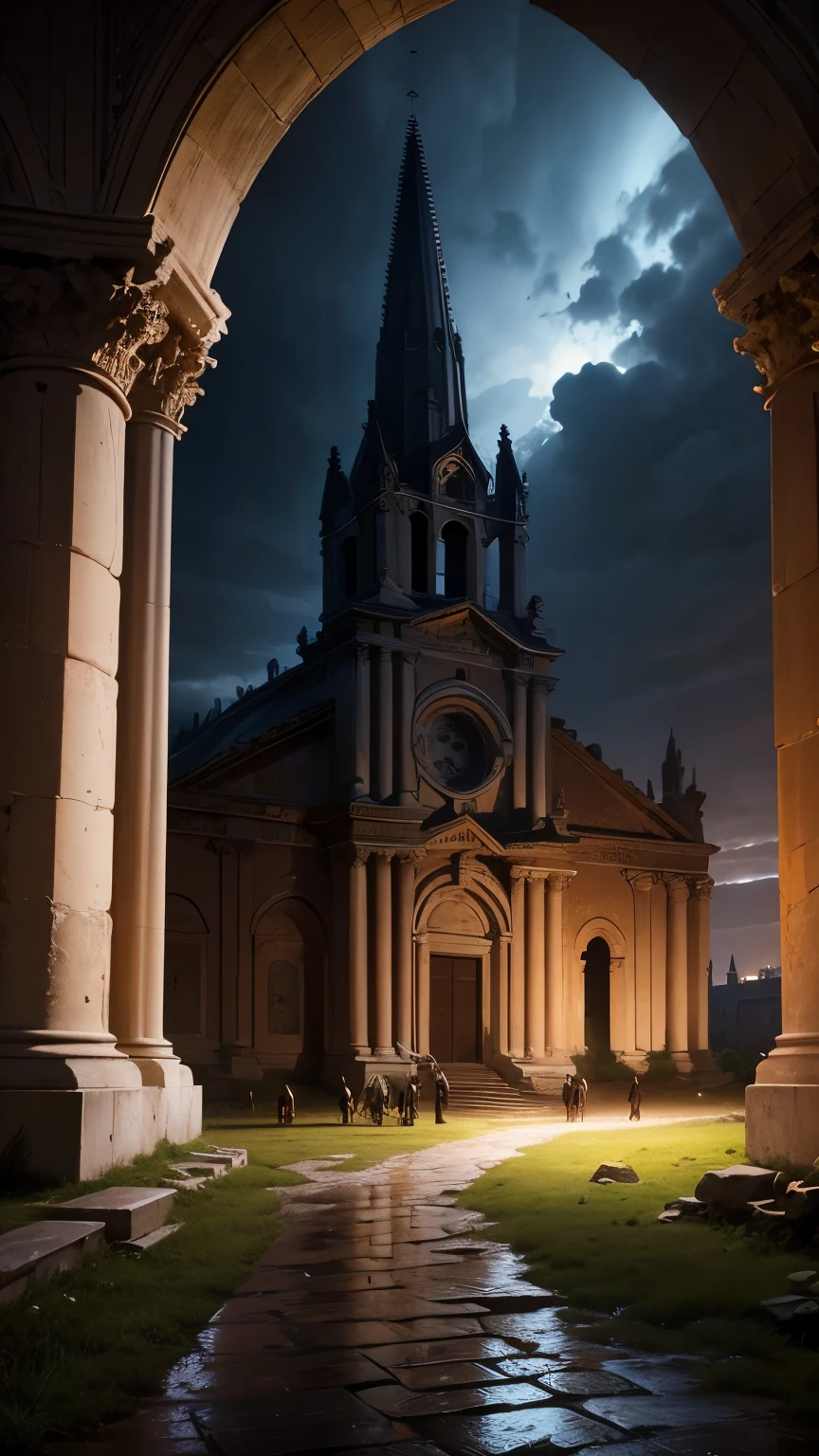 A grand church ruins, Byzantine style, old, Covered in dirt, evening, Baroque, Wet day, Overall view, Dark Wind, People in ancient European costumes々Full of、Night Sky、Silence、