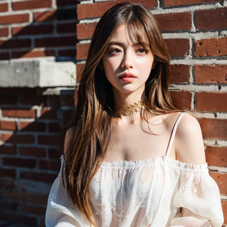 ultra realistic 8k cg, masterpiece, ((ultra detailed background, delicate pattern, intricate detail)), best quality, intricate details, chromatic aberration, 1girl, long hair, golden hair, messy hair, red highlights, hair over one eye, sharp eyes, choker, brick wall, graffiti, dim lighting, alley, oversized shirt,off shoulder, see through white shirt, Masterpiece, best quality