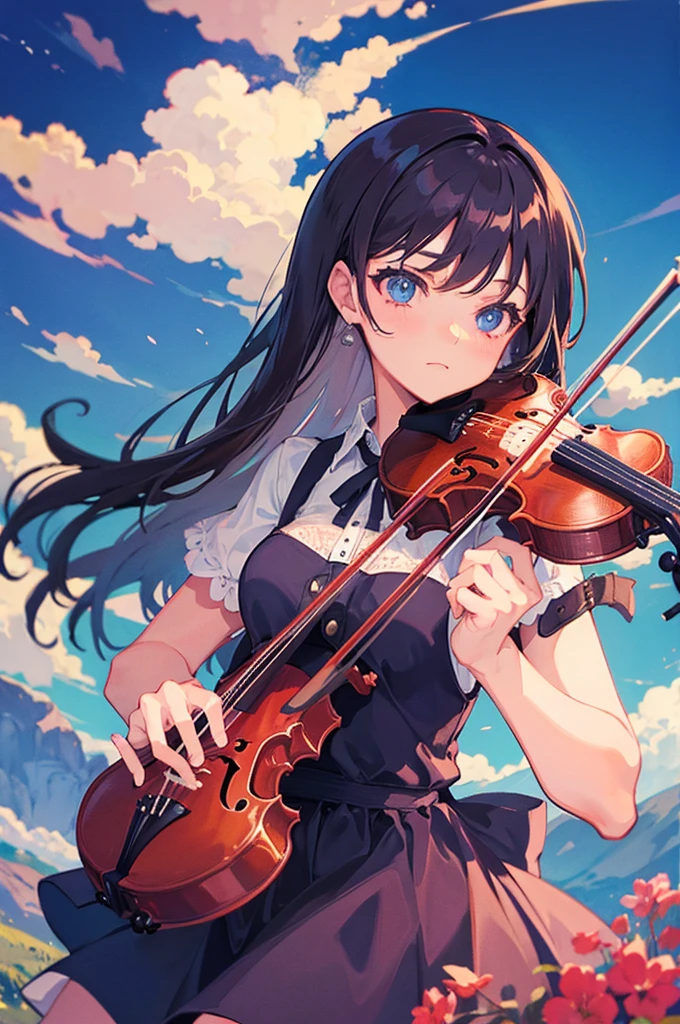 girl playing violin under a mystical sky