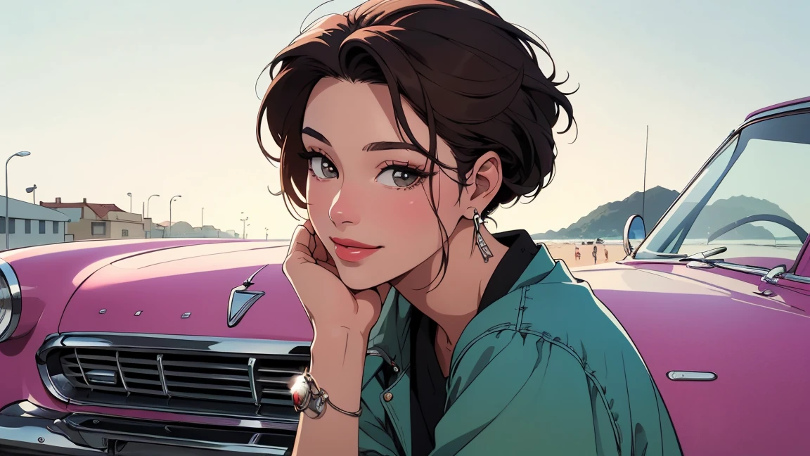 ((best quality)), ((masterpiece)), (detailed), perfection, realistic, high fashion, 16:9, Stylish Korean woman from the 90s, Background of the tourist beach, Coolness, Refreshing, Woman posing next to a cool 90s convertible car, beautiful smile, longing, a scene from a movie, photos for posters