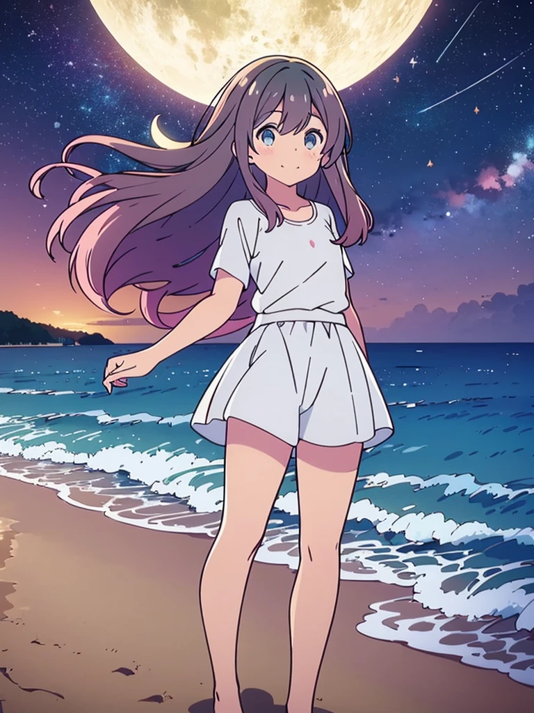 Una linda camisa blanca que la deja ver. 、Falda de vuelo celeste con volantes、Se levanta la falda con ambas manos para lucir su linda ropa interior blanca.、Linda ropa interior blanca visible cuando se levanta la falda.、Playa de arena, Mar hermoso, noche y cielo estrellado