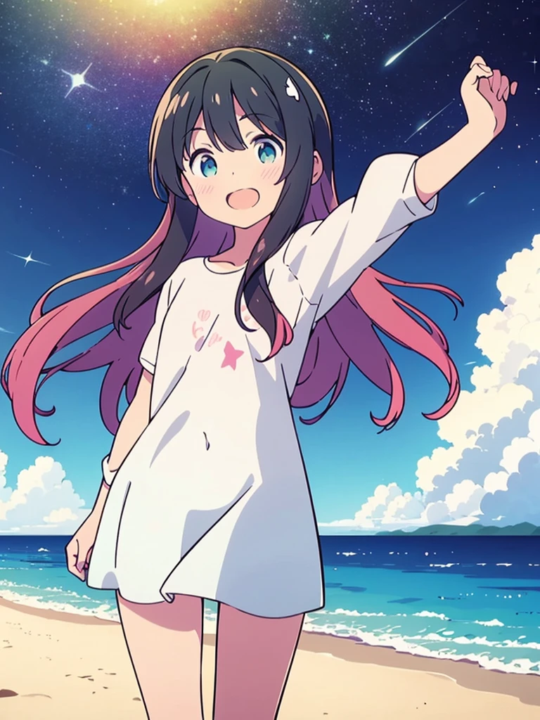 Una linda camisa blanca que la deja ver. 、Falda de vuelo celeste con volantes、Se levanta la falda con ambas manos para lucir su linda ropa interior blanca.、Linda ropa interior blanca visible cuando se levanta la falda.、Playa de arena, Mar hermoso, noche y cielo estrellado
