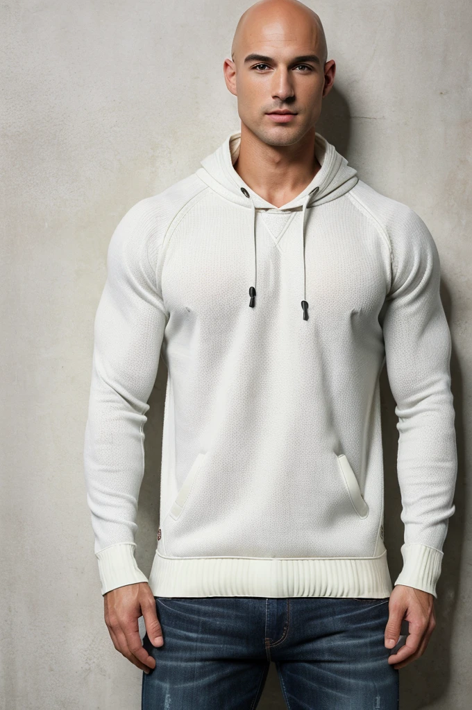 ((8k ((best quality)), ((masterpiece)), (very detailed), real face bald male muscular male full body wear pullover by white wall