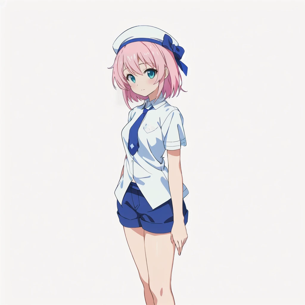Highest quality, high resolution, High quality anime art style, Official Art, Smooth anime CG art, Stylized anime, Cute 3D anime girl render, Visual Novel Sprites, White background, whole body, Anime-style 3D, Smooth anime CG art, Humanoid Girl, JRPG Characters, Anime girl in a white shirt and blue shorts, Pink Hair, short hair, Blue tie, White Hat, Small Bust, Small breasts, 13 years old