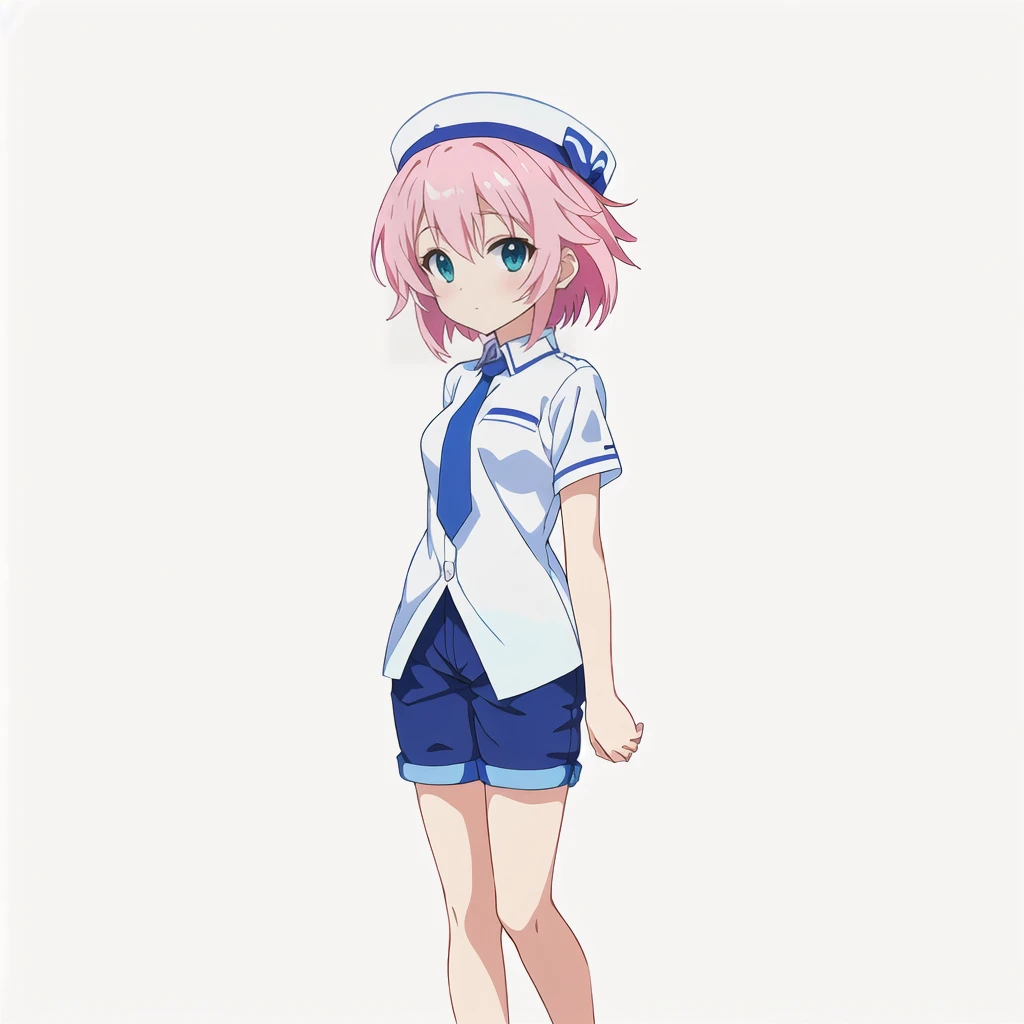 Highest quality, high resolution, High quality anime art style, Official Art, Smooth anime CG art, Stylized anime, Cute 3D anime girl render, Visual Novel Sprites, White background, whole body, Anime-style 3D, Smooth anime CG art, Humanoid Girl, JRPG Characters, Anime girl in a white shirt and blue shorts, Pink Hair, short hair, Blue tie, White Hat, Small Bust, Small breasts, 13 years old