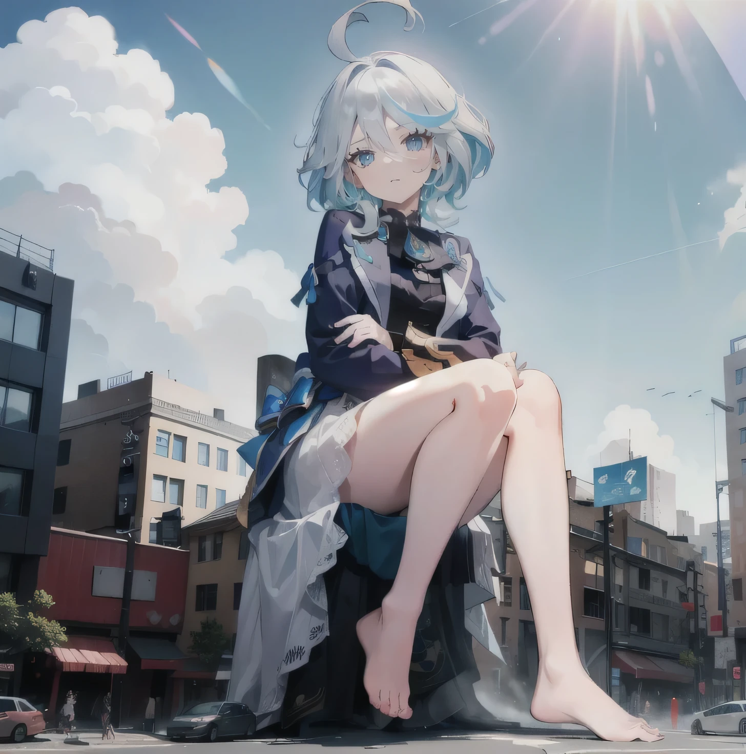 1 Girl,huge,happy,barefoot,white blue hair,blue eyes,Sitting on the Earth,line-up,line-upGiga,city building,line-upCity,Look up from the bottom up，whole body