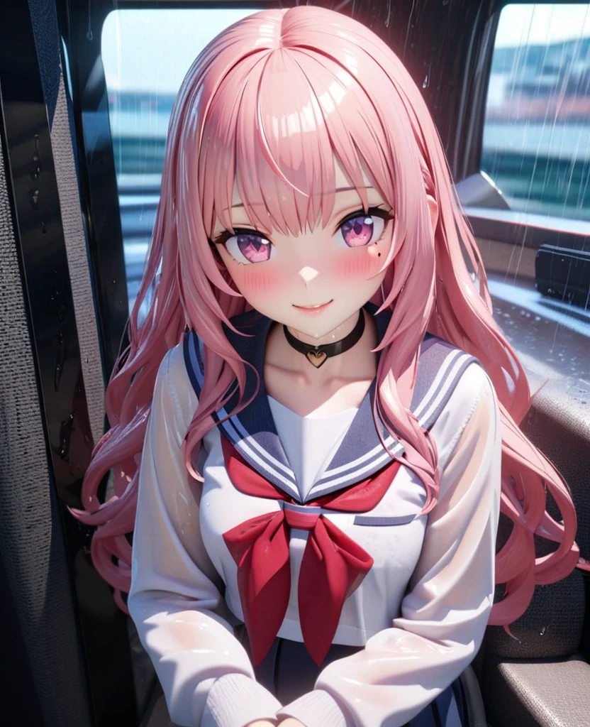 masterpiece, best quality, very detailed, high resolution, expensive solution, high resolution, 4k, 8k, Unity 8k wallpaper, highly detailed CG, masterpiece, 2d, 3d, beautiful details, depth, fine texture, best quality: 1.3, total concentration, transparent skin, him, very cute anime girl, expensive pink long hair, one girl, high school sailor uniform, on the way home from school, it was raining heavily and she was soaking wet. The sailor uniform was see-through, her hair was soaking wet, smiling long pink hair, full body, on the way home from school, heavy rain, mole under eye, gaze, expensive, blush, lips parted, heart, pink eyes, choker