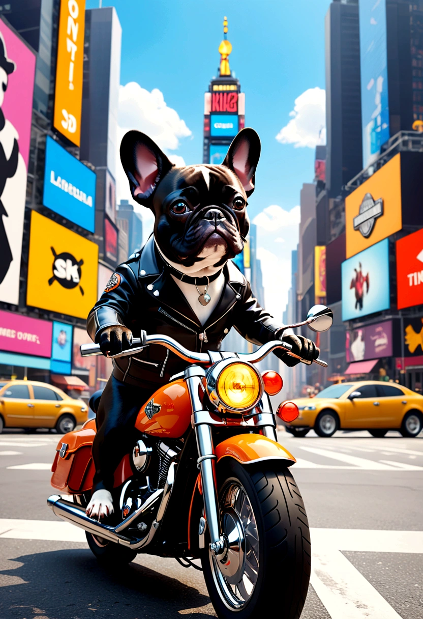 （Highest quality，4k，8k，High resolution，）Times Square at noon、Infinity symbol，3D Model，Colorful colors，Landscape Background、POP、From the central viewer&#39;s perspective、French Bulldog riding a Harley Davidson in street fashion style、French bulldog companion。Ultra delicate