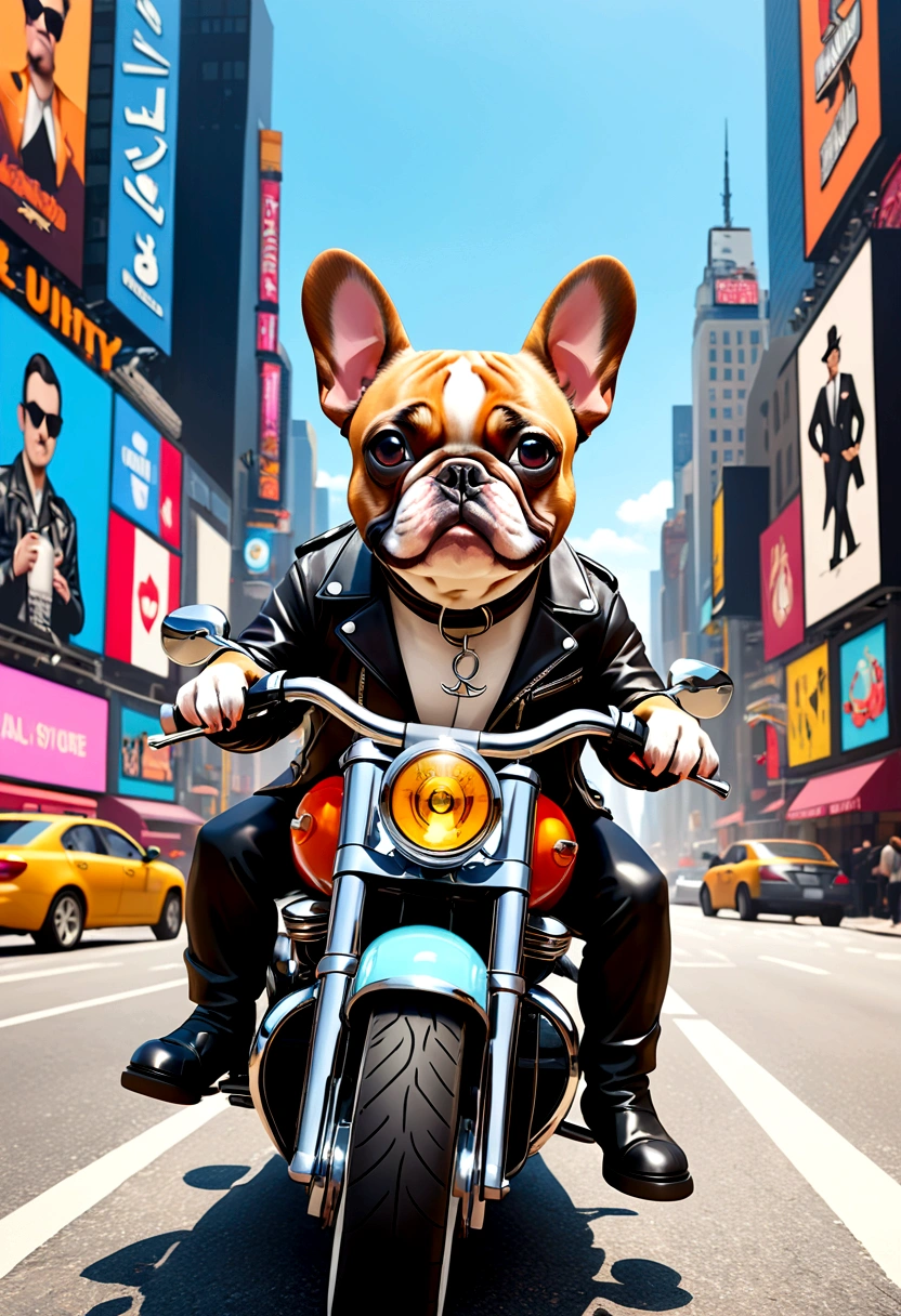 (Highest quality,4k,8k,High resolution,)Times Square at noon、Infinity symbol,3D Model,Colorful colors,Landscape Background、POP、From the central viewer's perspective、French Bulldog riding a Harley Davidson in street fashion style、French bulldog companion。Ultra delicate
