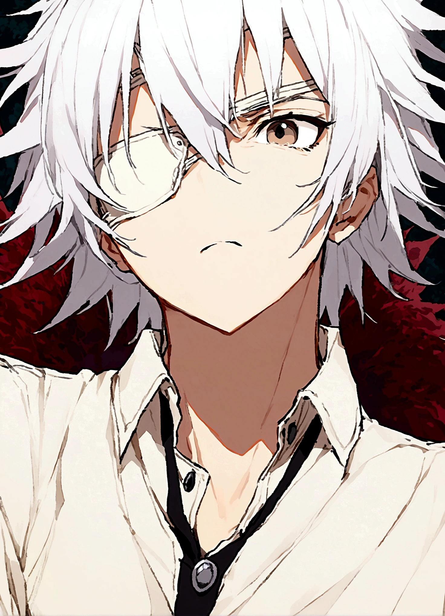 1boy，black eyes，White hair，White eye patch，Collared shirt，shut up，Simple background，solo，