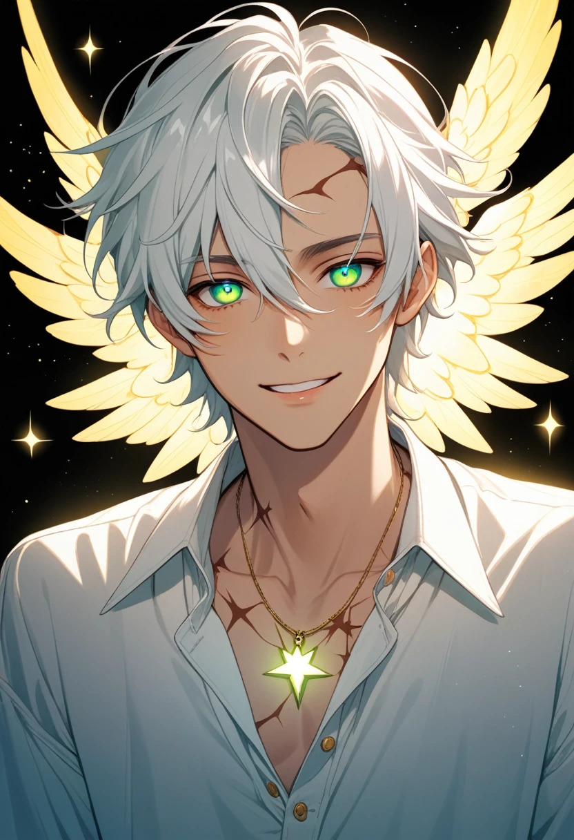 Angelic appearance, White Angelic Clothes, A very slightly unbuttoned white shirt, Star-shaped scars on the neck, The eyes are turquoise-green in color with yellow illumination and white pupils in the shape of a star, A small scar above the eye, Slightly unbuttoned shirt, Shining white hair reaches the jaw separates, becomes longer up to the coccyx, beautiful guy, skinny body, smile, cute lips, extremely beautiful guy smiling, angel aesthetic, The light from behind, black background, big eyes