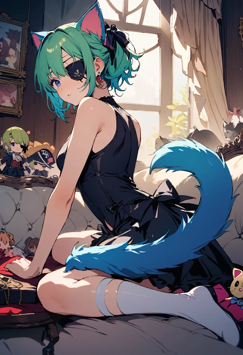 ((Back view:1.1)),masterpiece, Highest quality, Illustration of the novel, High resolution, 18+ Adult content, Sensual, Intimate, Emotional, Passionate, romantic, sweet, Adorable, Innocent, Pure, Charmな, Charmな, Charm, mysterious, Charmな, Charmな, Immersive, Charmな, dream-like, Surreal, Imaginative, Whimsical, Artistic, Avant-garde, timeless, elegant, Sophisticated, chic, Sophisticated, personality, original, Charmな,One Girl,Deltamon_beta, alone, blue eyes, Knee socks, Animal ears, Expose your shoulders, Blue Tail, Earrings,Removable sleeves, Green Hair, Sleeveless, Cat ear, bag, white Knee socks, Cat'tail,pink backpack,Pink school bag,Lavender lace: Lavender Peter Pan collar lace dress, Paired with ivory tights and Mary Jane shoes.,Cherry-blossom viewing, azalea, satsuki, azalea blizzard,
rest ((Loli Pirate:1.3)),((Eye patch:1.3))、