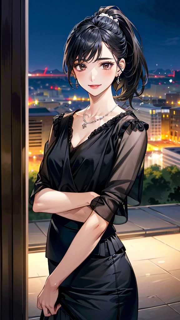 (masterpiece:1.3, Highest quality, Ultra-high resolution, Super detailed), (Realistic, photoRealistic:1.4), Beautiful illustrations, Perfect lighting, colorful, Depth of written boundary,
Beautiful detailed hair, Beautifully detailed face, Beautiful fine details, Beautiful clavicle, Beautiful body, 美しいLarge Breasts, Beautiful thighs, Beautiful feet, Beautiful fingers,
View Viewer、Front view:0.6, Beauty1人, Japanese, Beauty、30 years old, Perfect Face, (Perfect Anatomy, Anatomically correct), Cute and symmetrical face, , , Shiny skin,
((Black sheer blouse:1.4)), (((White wrap around skirt:1.5)))、
(Black Hair, Medium、ponytail:1.4), Dark brown eyes, (Large Breasts), Slim body,
necklace, (Small earrings:1.3),
(Beautiful views), (night), (city, cityscape in the distance), (Arms crossed:1.2), A soft smile、(Smile, Lips parted),