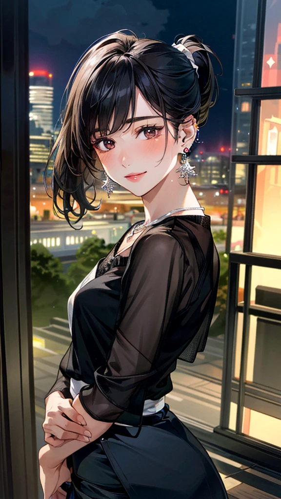 (masterpiece:1.3, Highest quality, Ultra-high resolution, Super detailed), (Realistic, photoRealistic:1.4), Beautiful illustrations, Perfect lighting, colorful, Depth of written boundary, 
Beautiful detailed hair, Beautifully detailed face, Beautiful fine details, Beautiful clavicle, Beautiful body, 美しいLarge Breasts, Beautiful thighs, Beautiful feet, Beautiful fingers, 
View Viewer、Front view:0.6, Beauty1人, Japanese, Beauty、30 years old, Perfect Face, (Perfect Anatomy, Anatomically correct), Cute and symmetrical face, Baby Face, , Shiny skin, 
((Black sheer blouse:1.4)), (((White wrap around skirt:1.5)))、
(Black Hair, Medium、ponytail:1.4),  Dark brown eyes, (Large Breasts), Slim body, 
necklace, (Small earrings:1.3), 
(Beautiful views), (night), (city, cityscape in the distance), (Arms crossed:1.2), A soft smile、(Smile, Lips parted), 