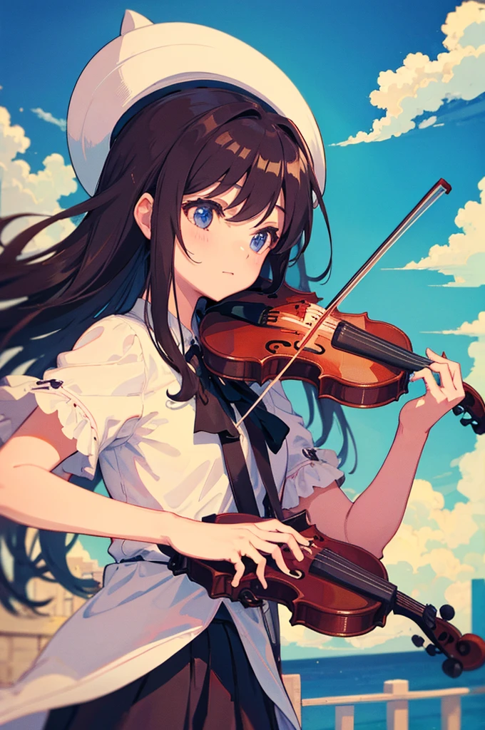 girl playing violin under a mystical sky