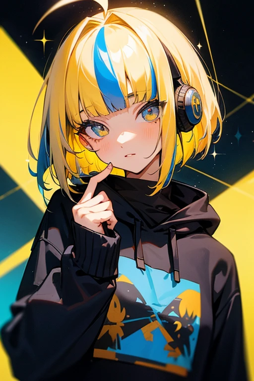 1 girl,18 years old, slim, ((detailed face)), ((detailed eyes)), ((sparkling eyes)), yellow hair, blue color ed inner hair, streaked hair, bob cut, blunt bangs, ahoge,
((Upper body)),black hoodie, colorful texture inner clothes, loose clothes, colorful innerwear,
Colorful decorations, holding own finger, metalic headphones, 
night, spotlights, 
