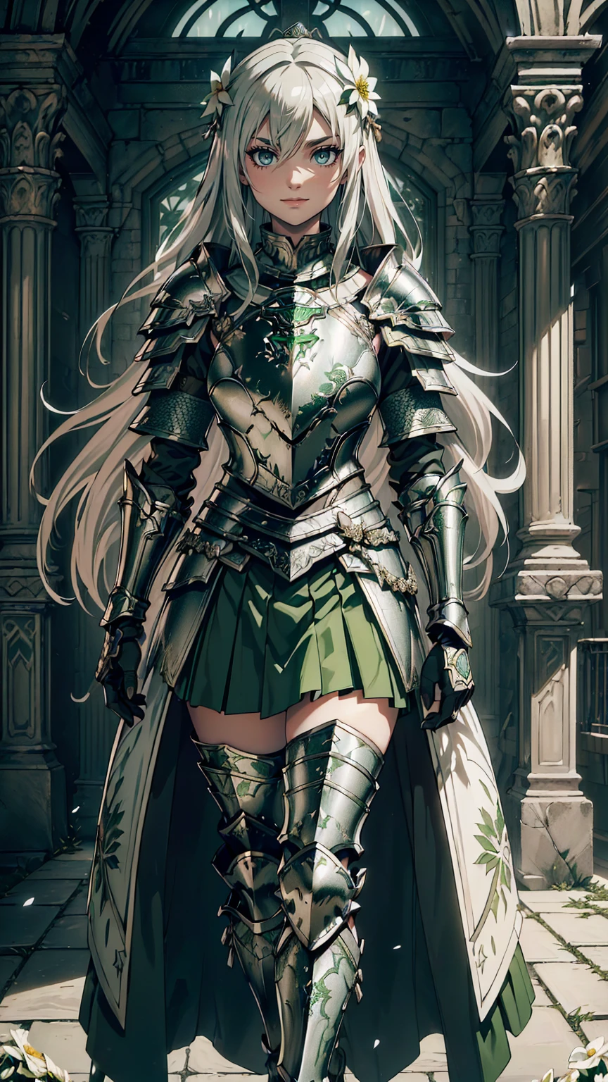 最high quality、Ultra High Definition, Ultra High Quality, Hyper Definition, Hyper Quality, Hyper Detailed, Extremely Detailed, Perfectly Detailed, Best image quality、masterpiece、woman((20-year-old、 Noble Armor, Green glowing eyes, Silver long Hair、Disheveled Hair、Long White Hair、thin, Glove、Green Skirt, Smirk、Hair White Flower Barrette、Armored With Full Coverage Noble Plate Armor, Leg Armor,)),high quality、Beautiful art、background((Inside the mansion))、Written boundary depth、movie、Visual Arts、Perfect art、8K,Genuine、